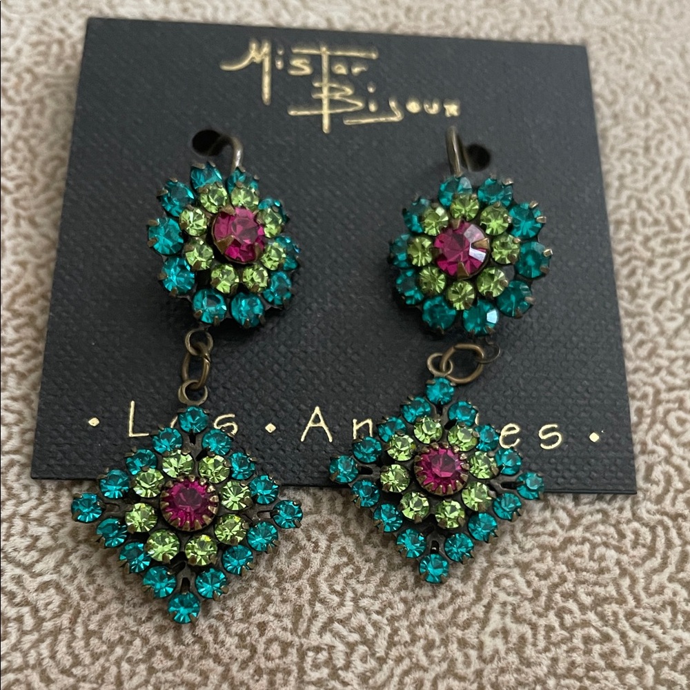 Teal and Green Crystal Drop Earrings